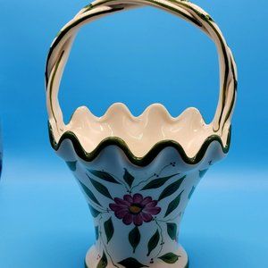 RCCL Portugal Handmade Ceramic Basket Vase Planter with Handle Floral